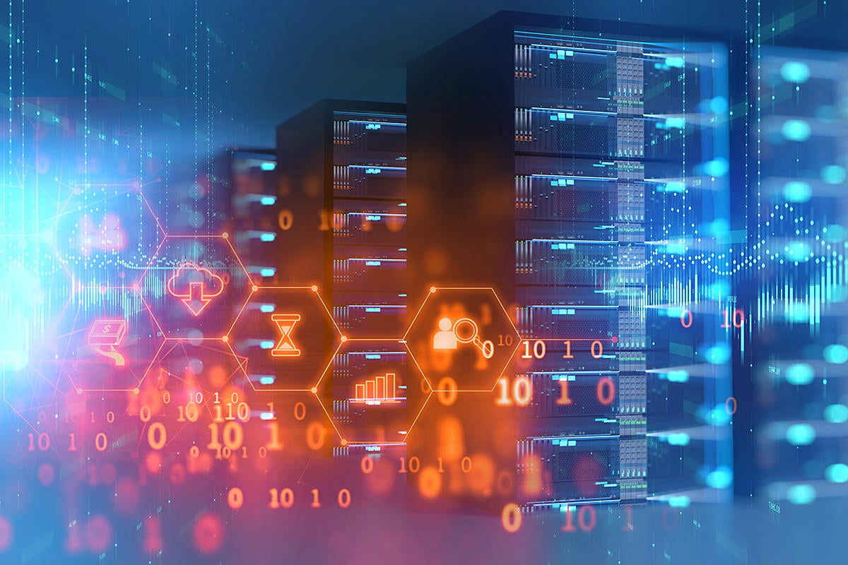 big data / data center / server racks / storage / binary code / analytics